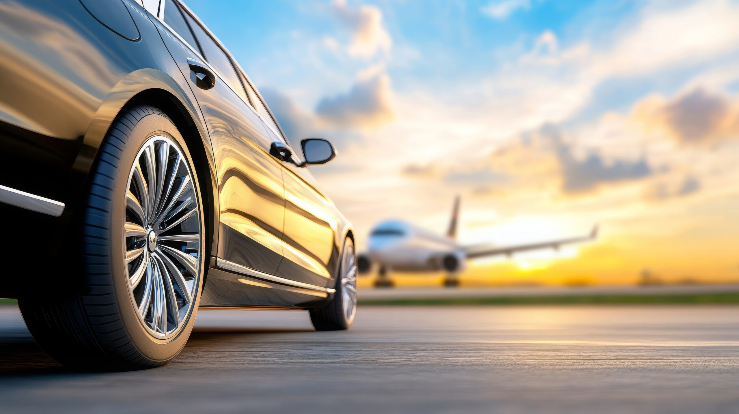 Luxury Airport Shuttle Service Black Car Airplane Sunset