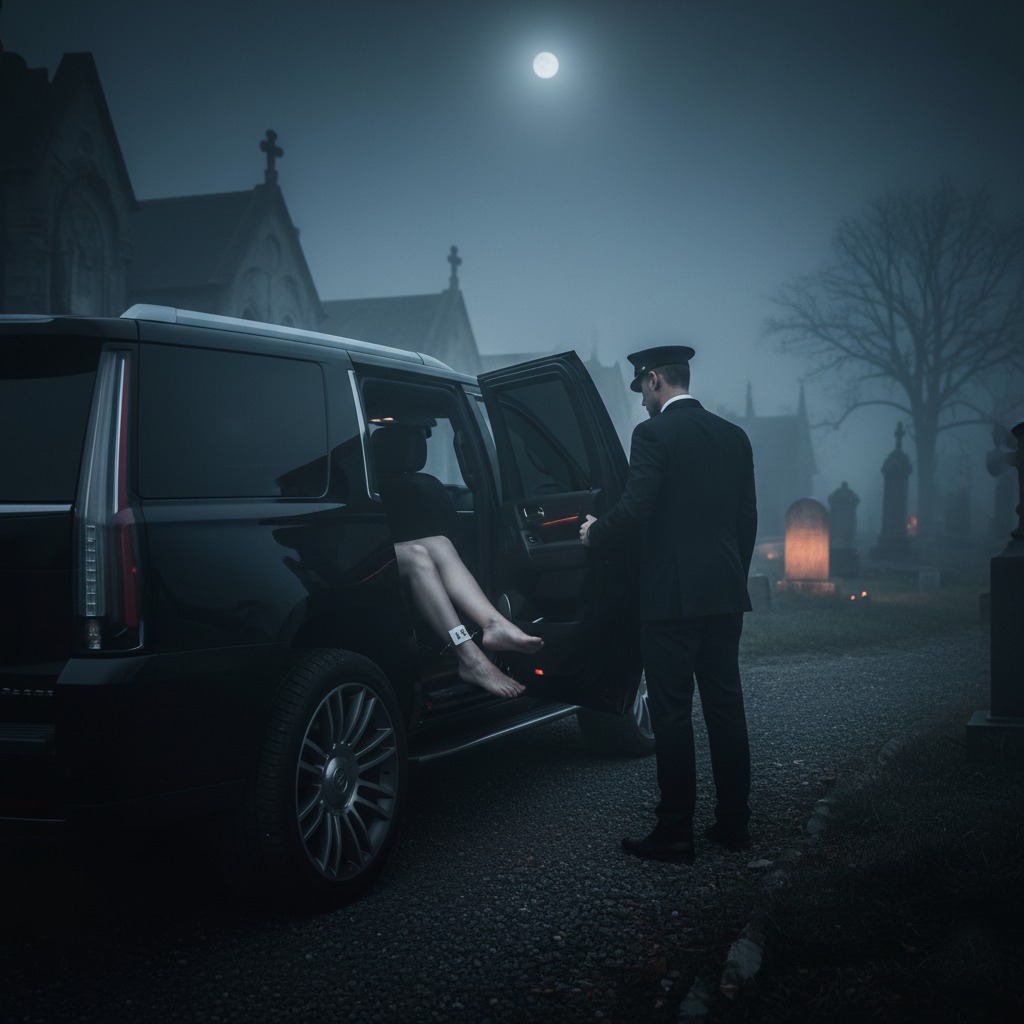 All Black Limo chauffeur opening door for passengers in costume