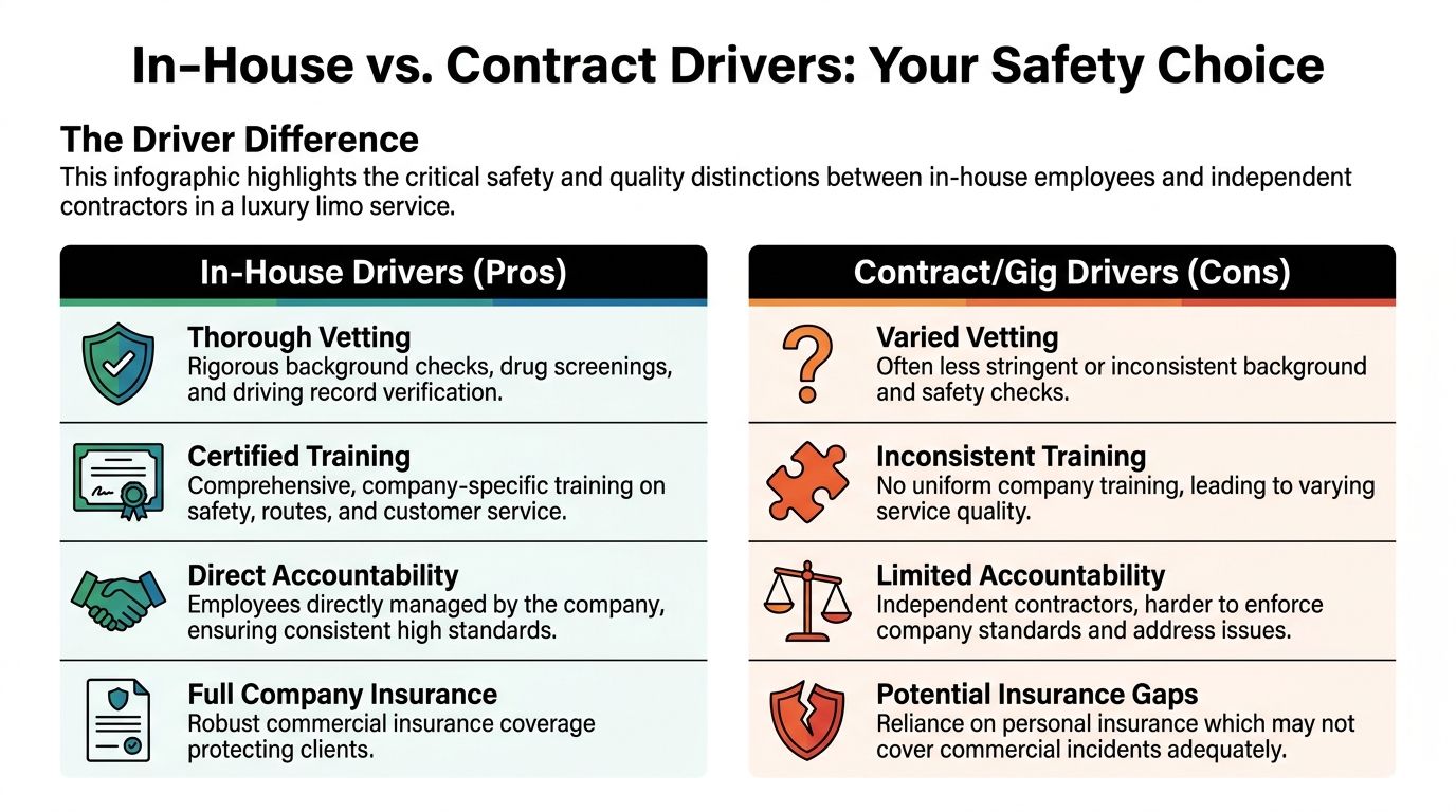 An infographic comparing the safety and quality differences between in-house limo drivers and contract gig drivers.
