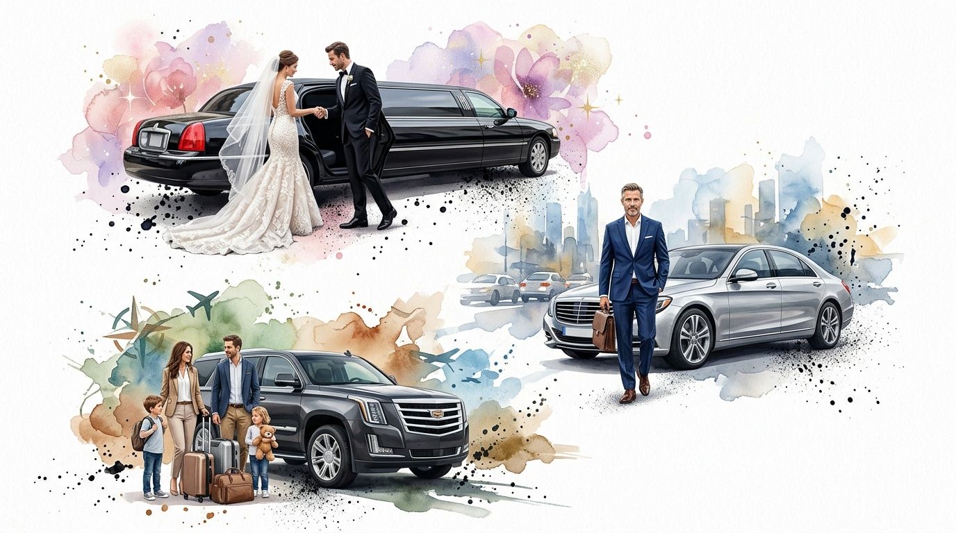 Collage of watercolor-style luxury transportation services including a wedding limousine, a business chauffeur, and family travel.