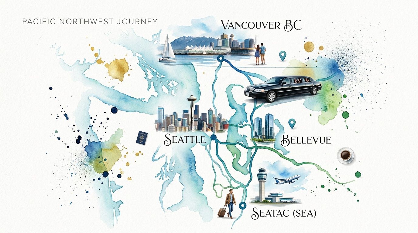 A watercolor map illustrating travel connections between Seattle, Bellevue, SeaTac airport, and Vancouver featuring a luxury limousine.