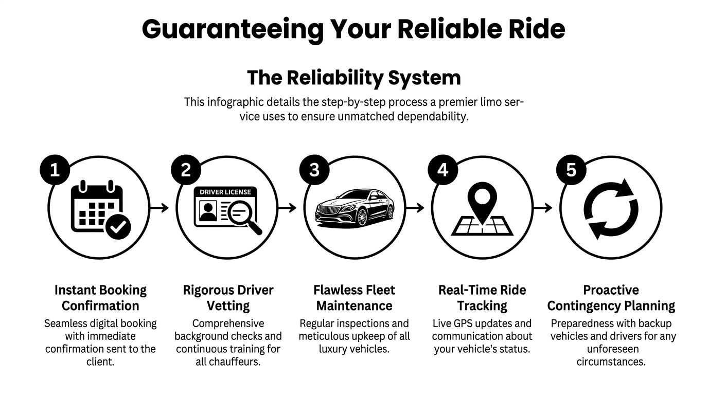 A five-step infographic showing the reliability system used by a professional limo service to ensure dependable transportation.