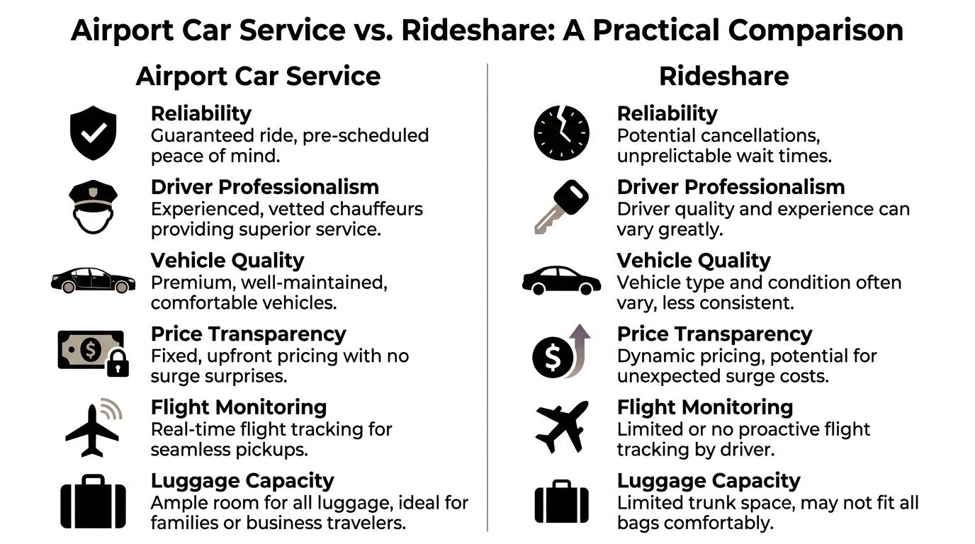 A comparison chart outlining the pros and cons between professional airport car services and rideshare apps.