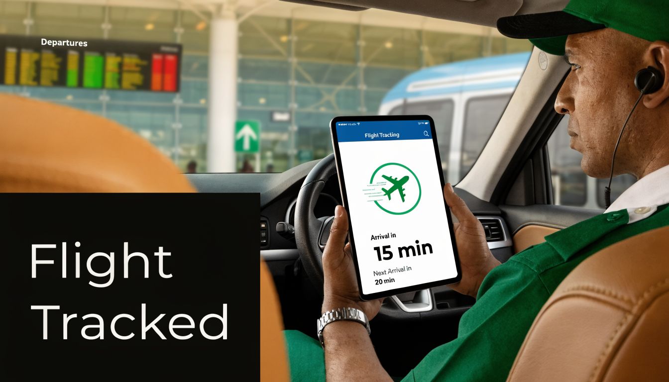 A professional driver using a tablet to track an upcoming flight arrival at the airport.