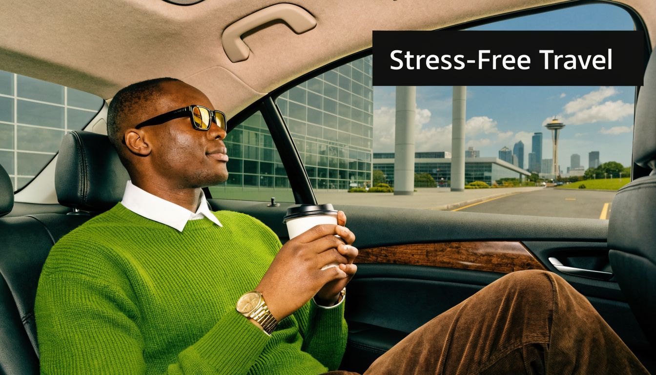 A man in a green sweater holding a coffee cup while riding in a comfortable car.