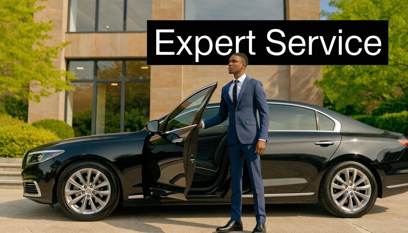 A professional chauffeur in a blue suit standing beside a luxury black sedan with the car door open.