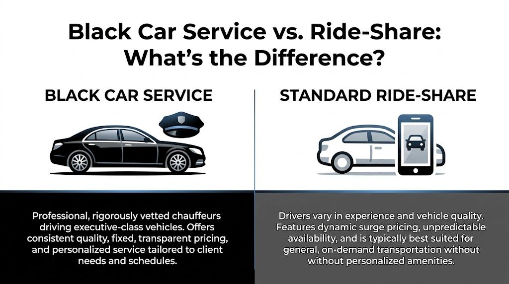 A comparison chart showing the differences between professional black car services and standard ride-share transportation options.