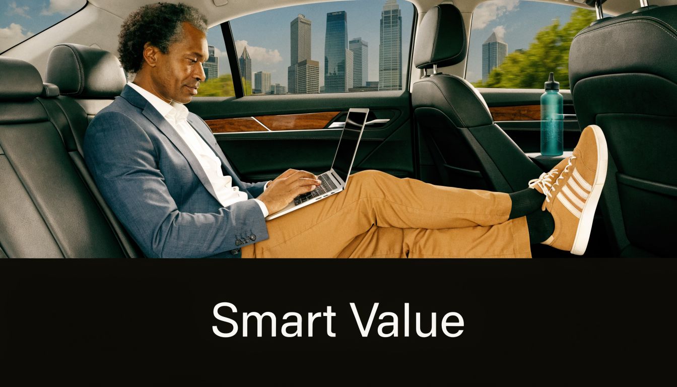 A professional man works on his laptop in the back of a luxury black car while commuting.
