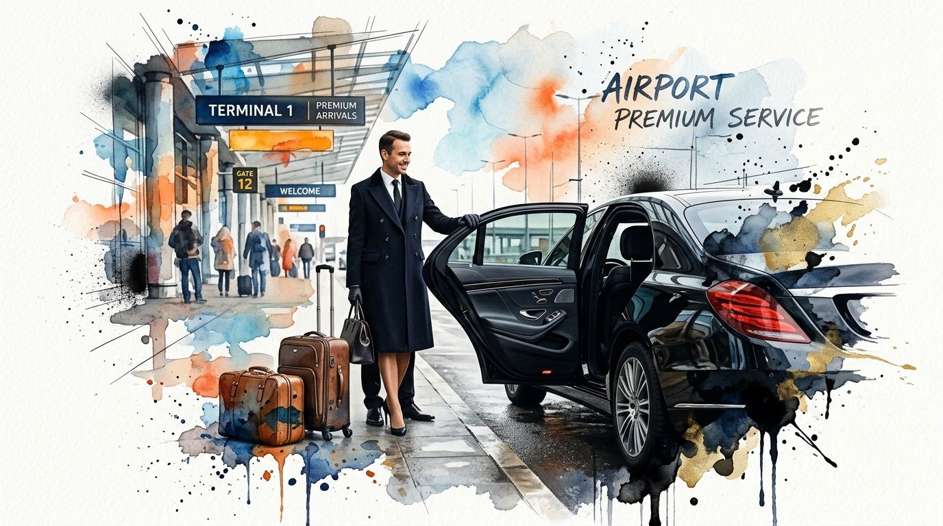 A professional chauffeur in a suit holds open a luxury car door at an airport terminal.