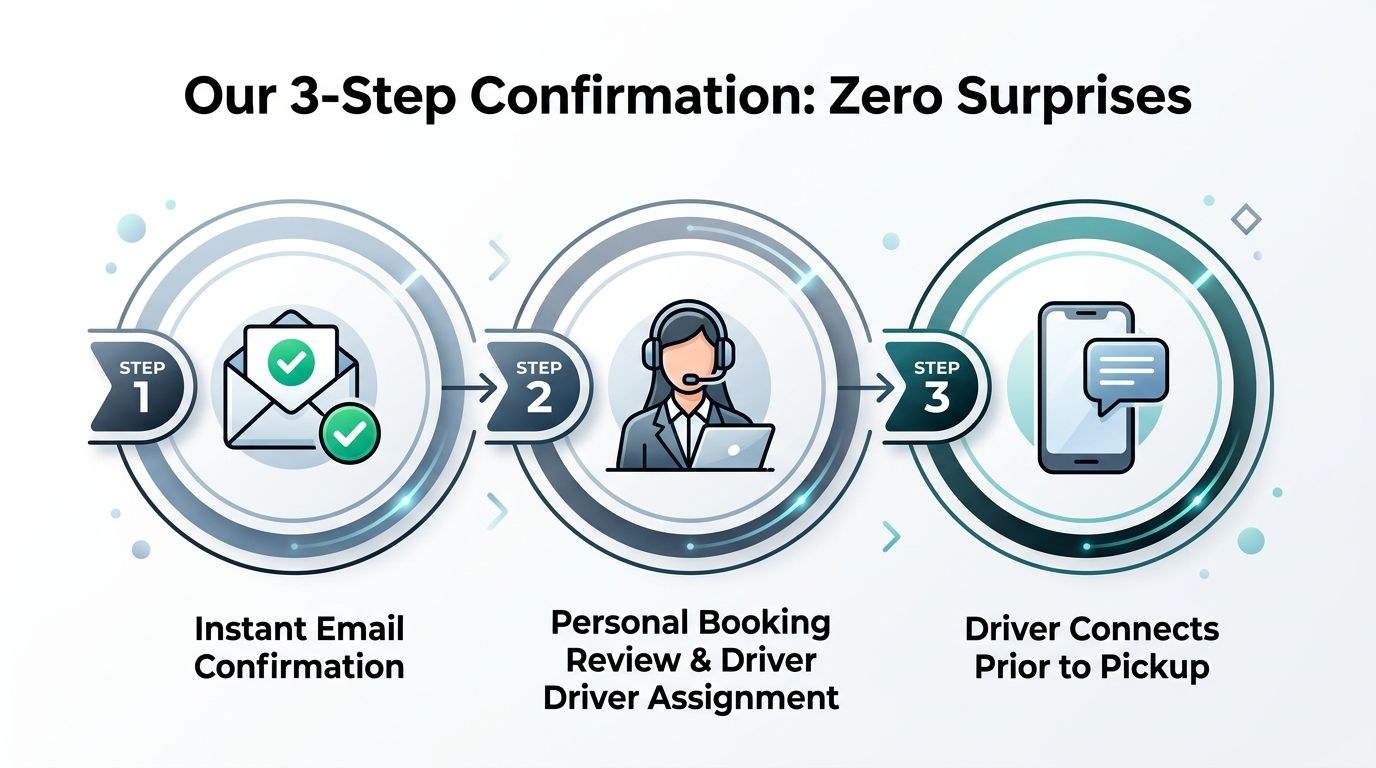 A three-step confirmation process for a car service including email confirmation, driver assignment, and pre-pickup communication.