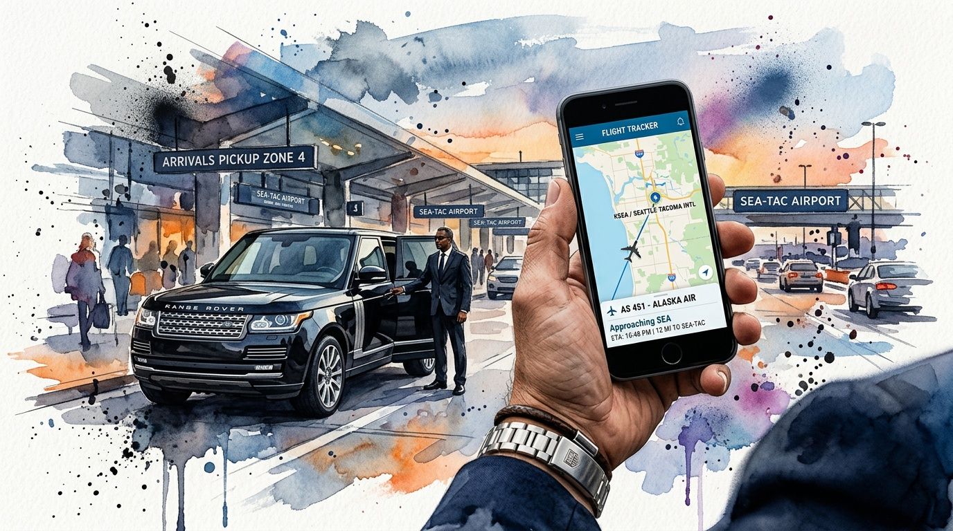 A chauffeur waits by a Range Rover at Sea-Tac Airport while a person checks a flight tracker app.