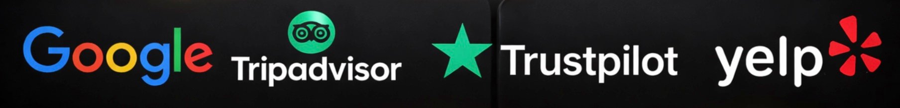Logos of Google, Tripadvisor, Trustpilot, and Yelp on a black background, representing customer review platforms.