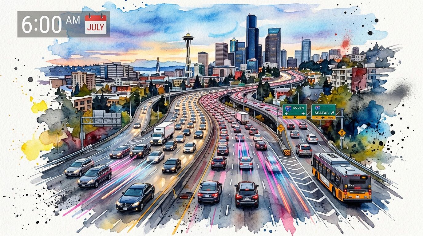 A watercolor painting of a busy Seattle highway at sunrise with cars driving toward the city.
