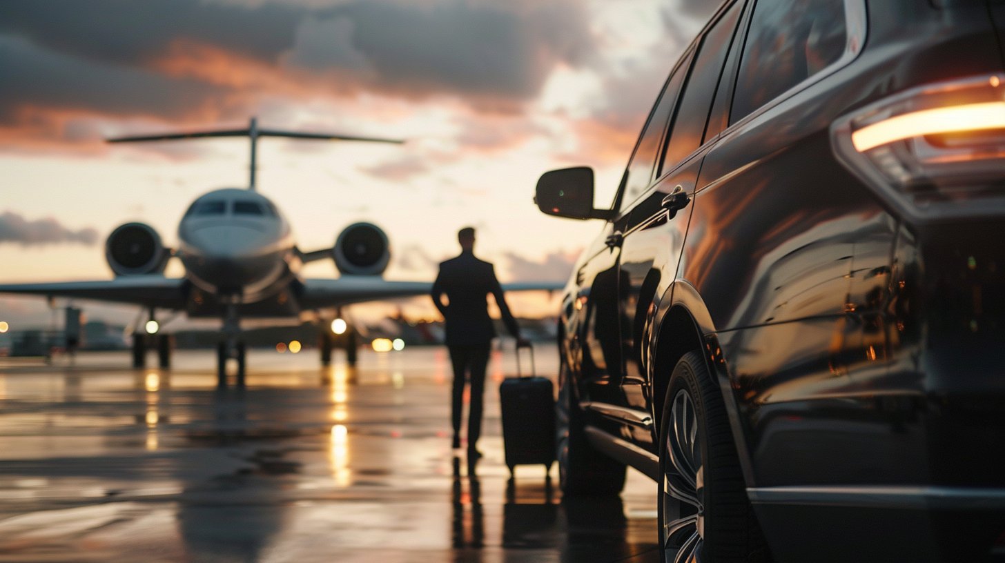 A businessman with a suitcase approaches a private jet on a wet tarmac at sunset, with a luxury car nearby.