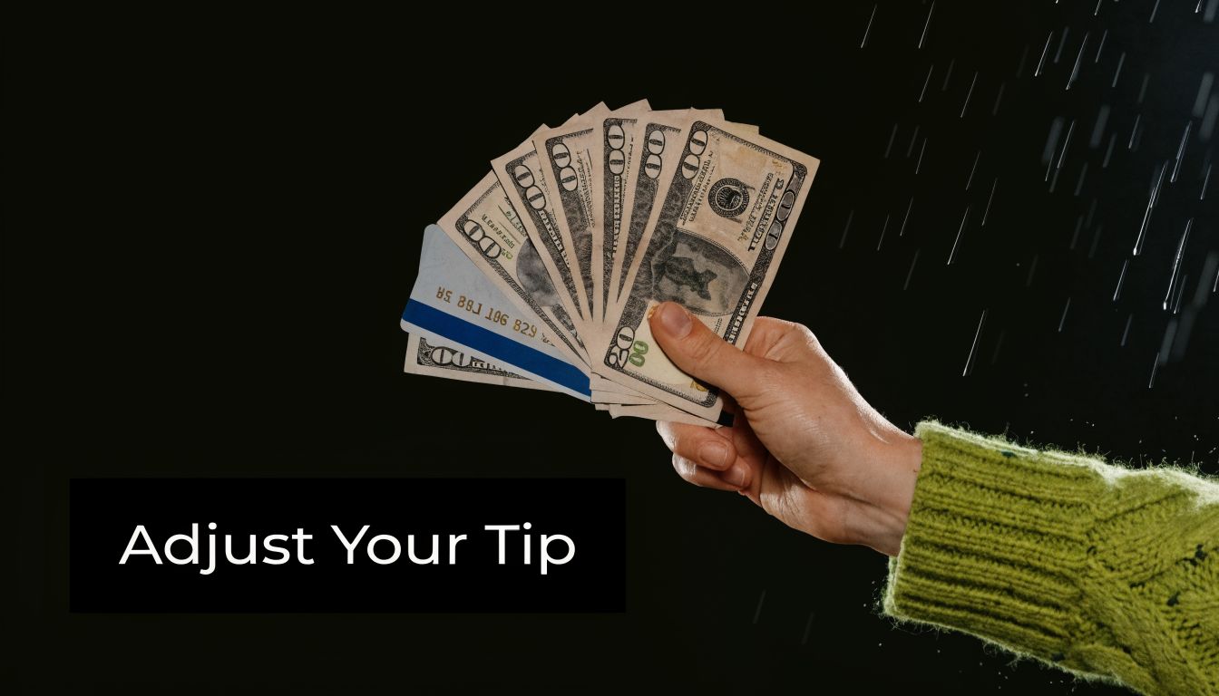 A hand holding a stack of US dollar bills and a credit card under rain.