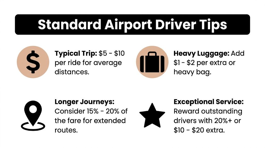 A chart showing suggested tipping amounts for airport drivers based on trip type and service quality.