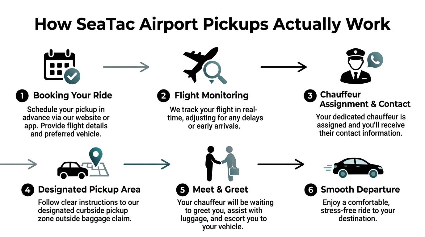 A six-step infographic explaining how SeaTac airport pickup services for chauffeur-driven vehicles operate for travelers.