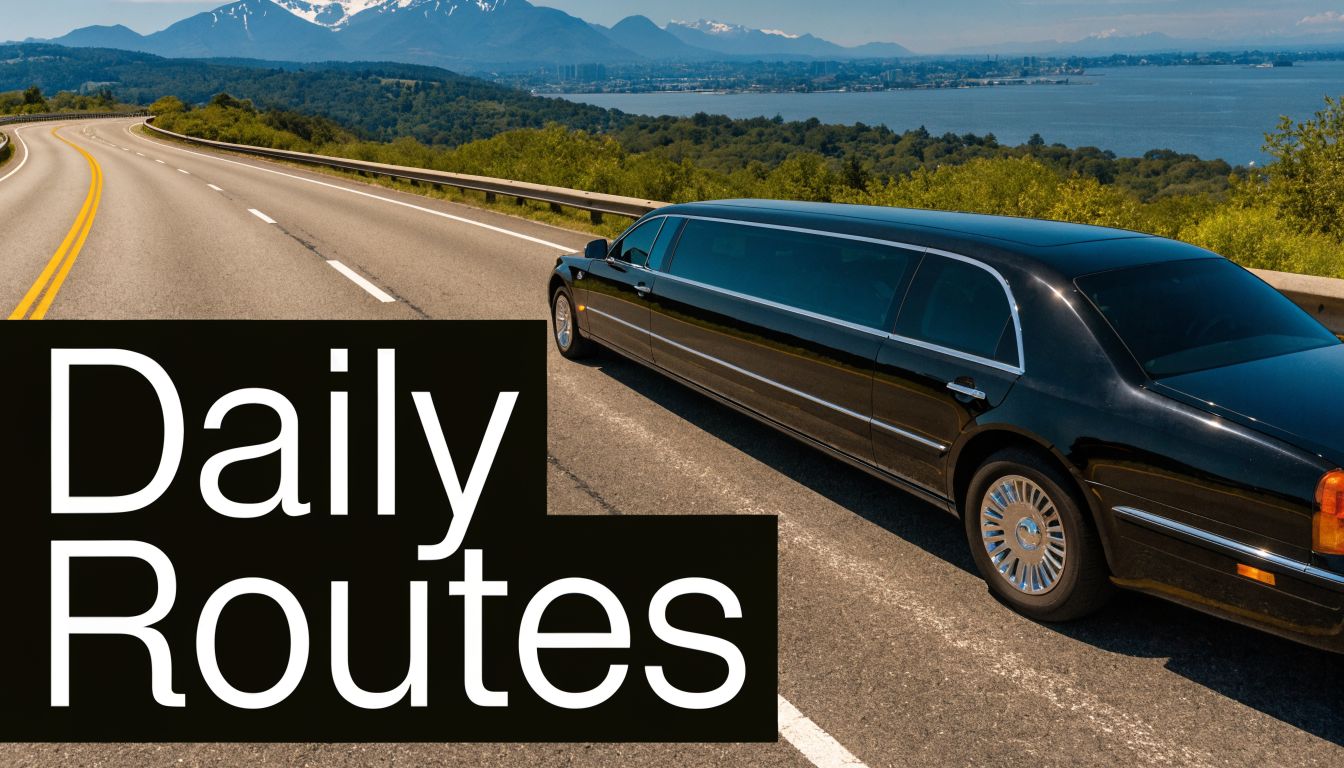 A long black limousine driving along a scenic coastal road with mountains in the background.