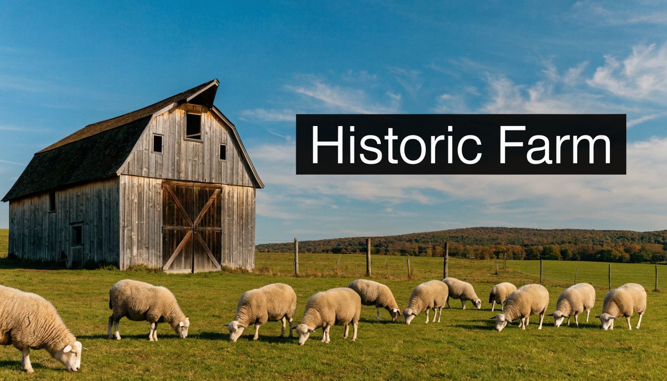 A scenic view of a historic wooden barn in a lush green pasture with grazing sheep.