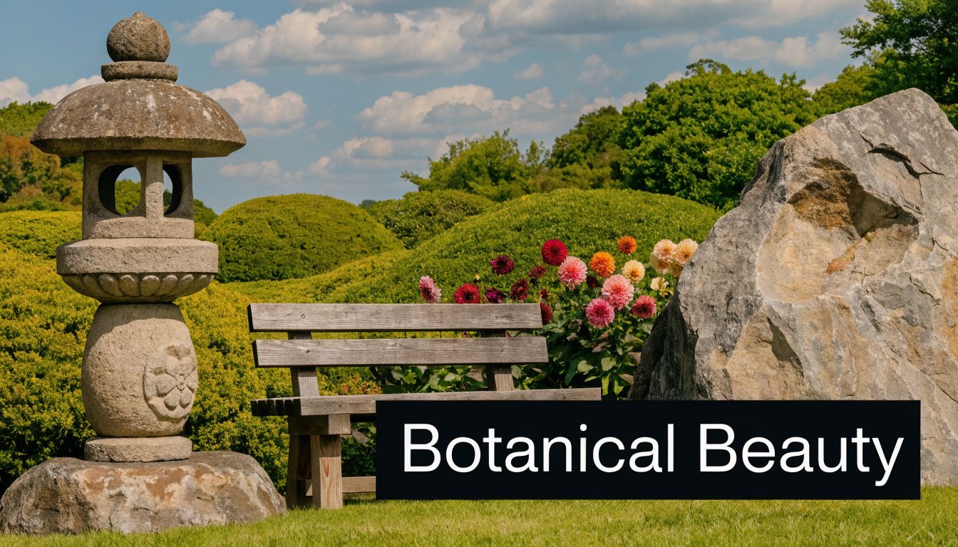 A serene Japanese-style garden with a stone lantern, a wooden bench, and blooming dahlias near a boulder.