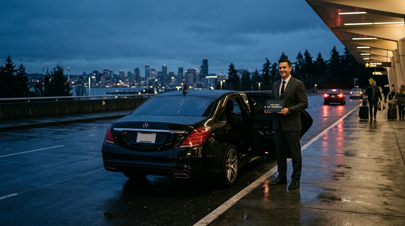A professional chauffeur waiting at the airport terminal for a passenger with a name sign at dusk.