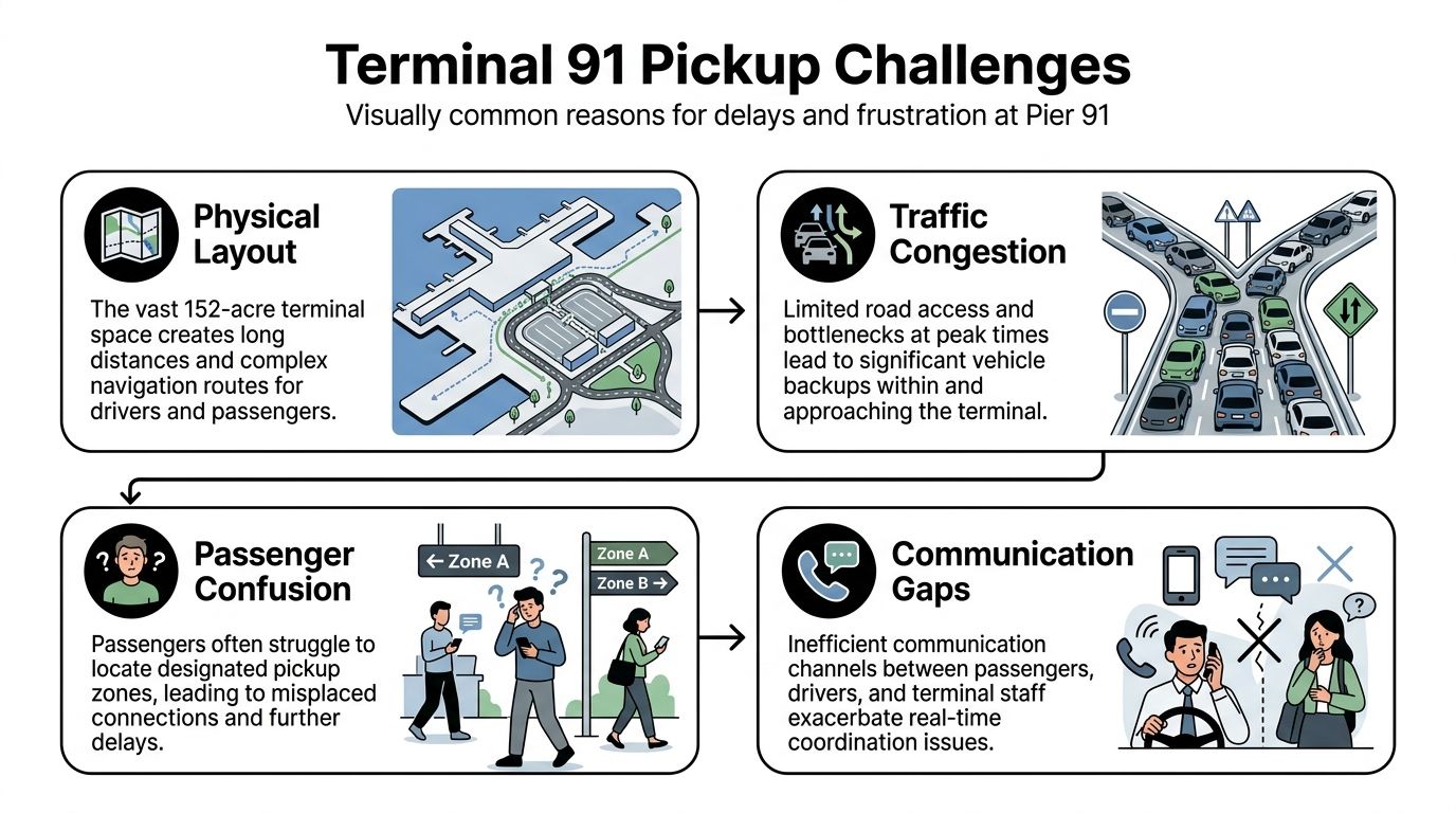 An infographic showing four common challenges for passenger vehicle pickups at Seattle Terminal 91 cruise facility.