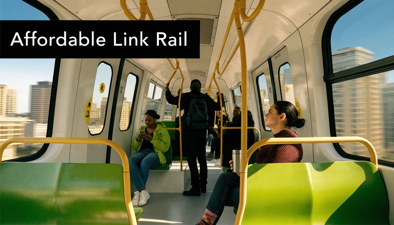 Passengers sitting and standing inside a modern, well-lit light rail train passing through a city.