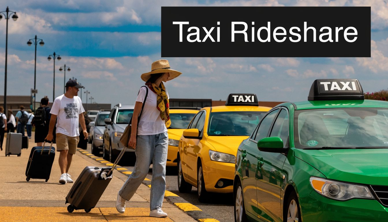Travelers with luggage walking toward a line of yellow and green taxis at an airport pick-up area.