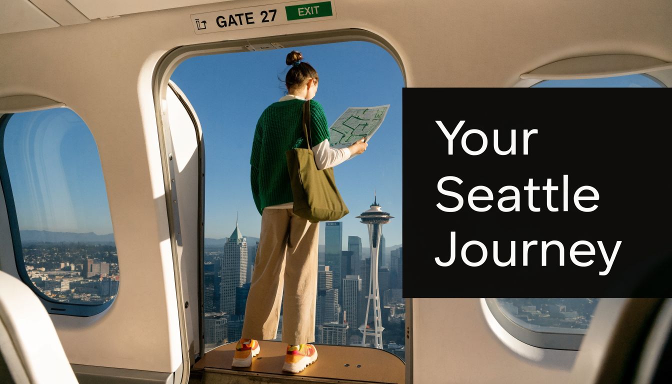 A traveler holding a map stands at the open door of an airplane overlooking the Seattle skyline.