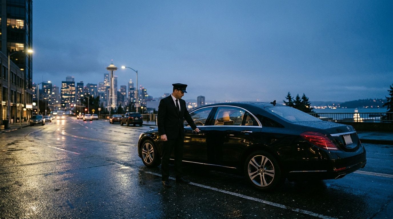 A professional chauffeur opens the car door for a passenger with the Seattle skyline in the background.