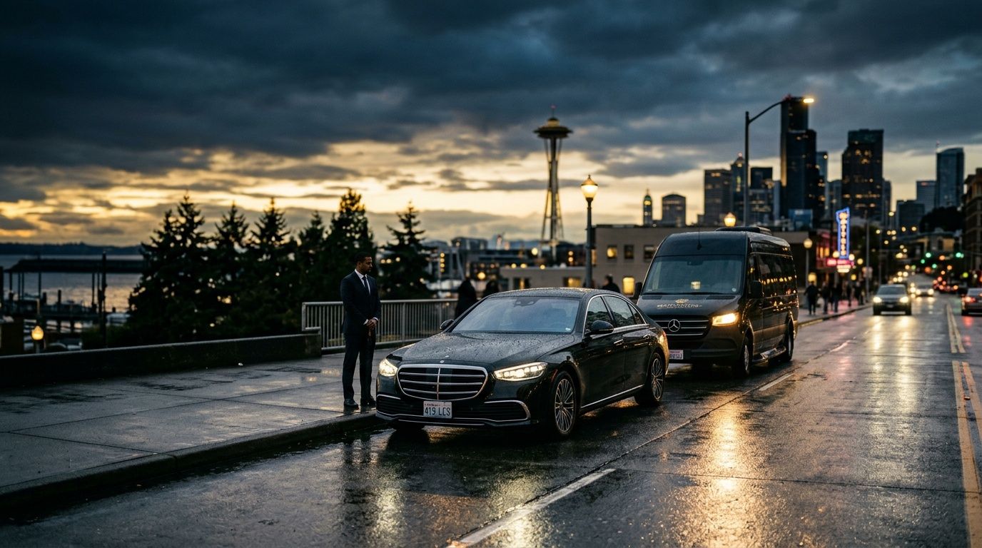A professional chauffeur waiting by a black Mercedes sedan near the Seattle waterfront at twilight.