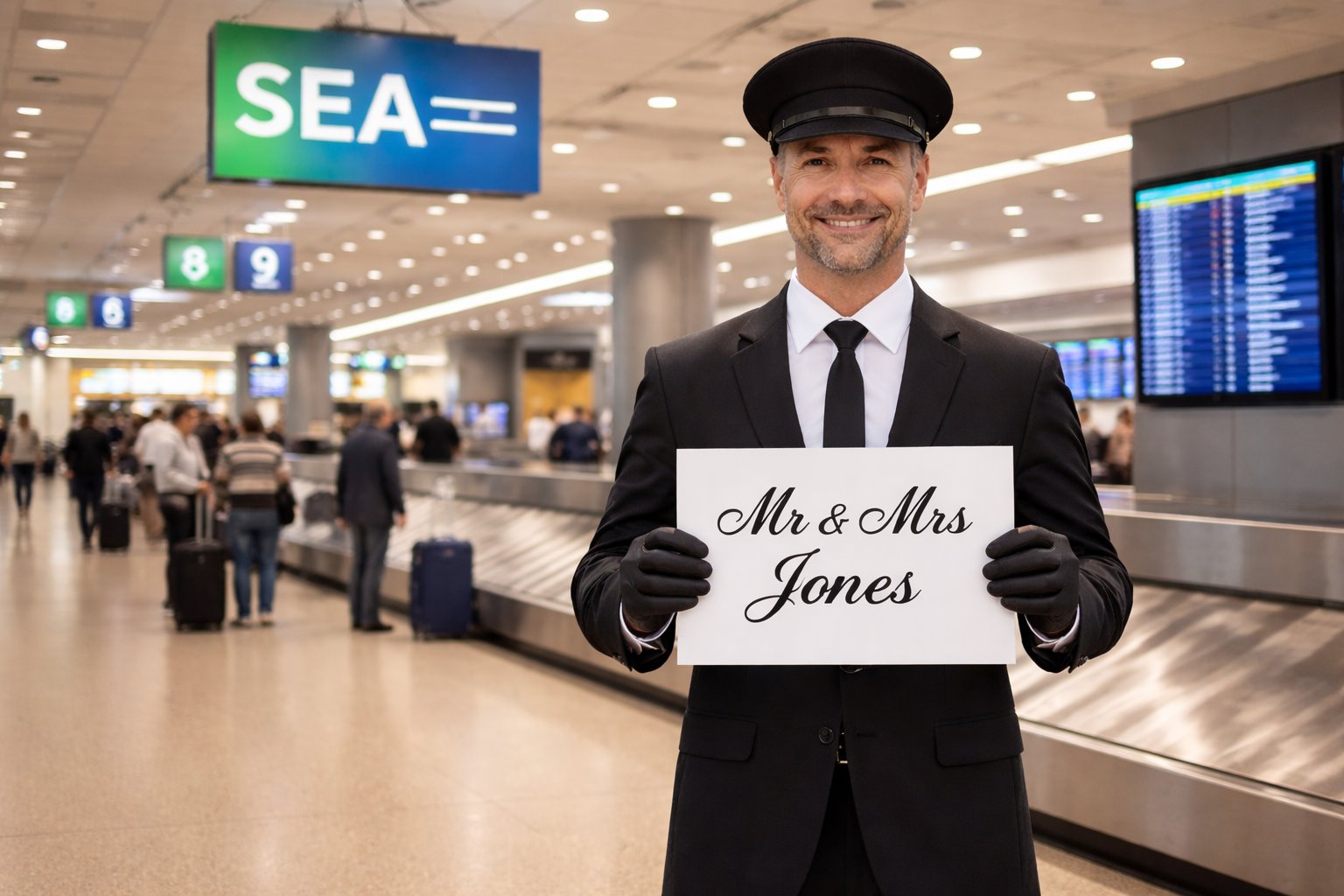 A smiling chauffeur in a black suit and cap holds a 'Mr & Mrs Jones' sign in an airport baggage claim.