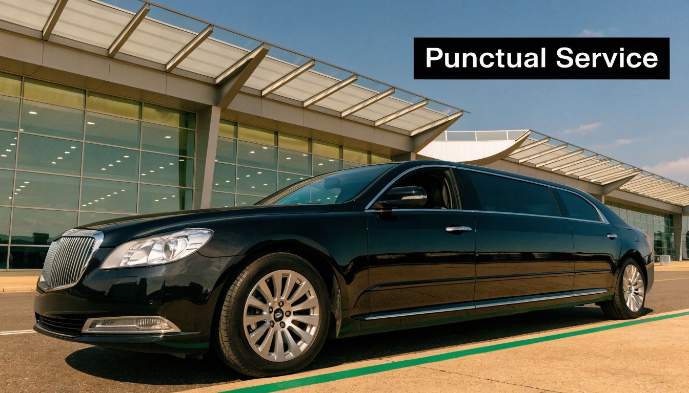 A sleek black limousine parked outside a modern glass terminal building with Punctual Service text displayed.