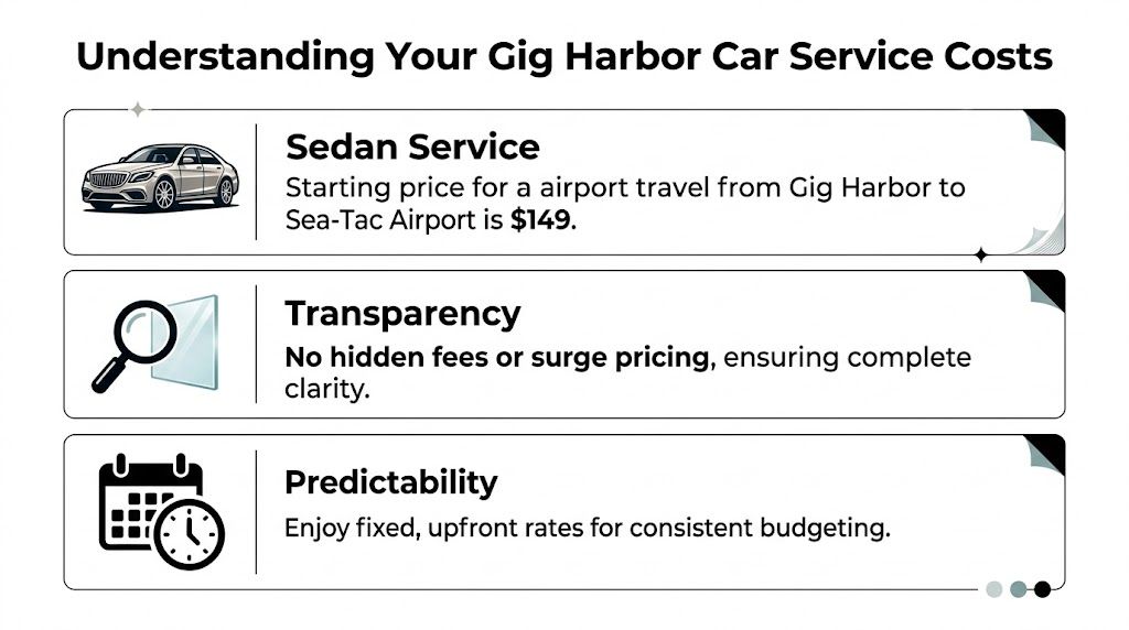 A graphic explaining transparent, fixed car service costs from Gig Harbor to Sea-Tac Airport for travelers.