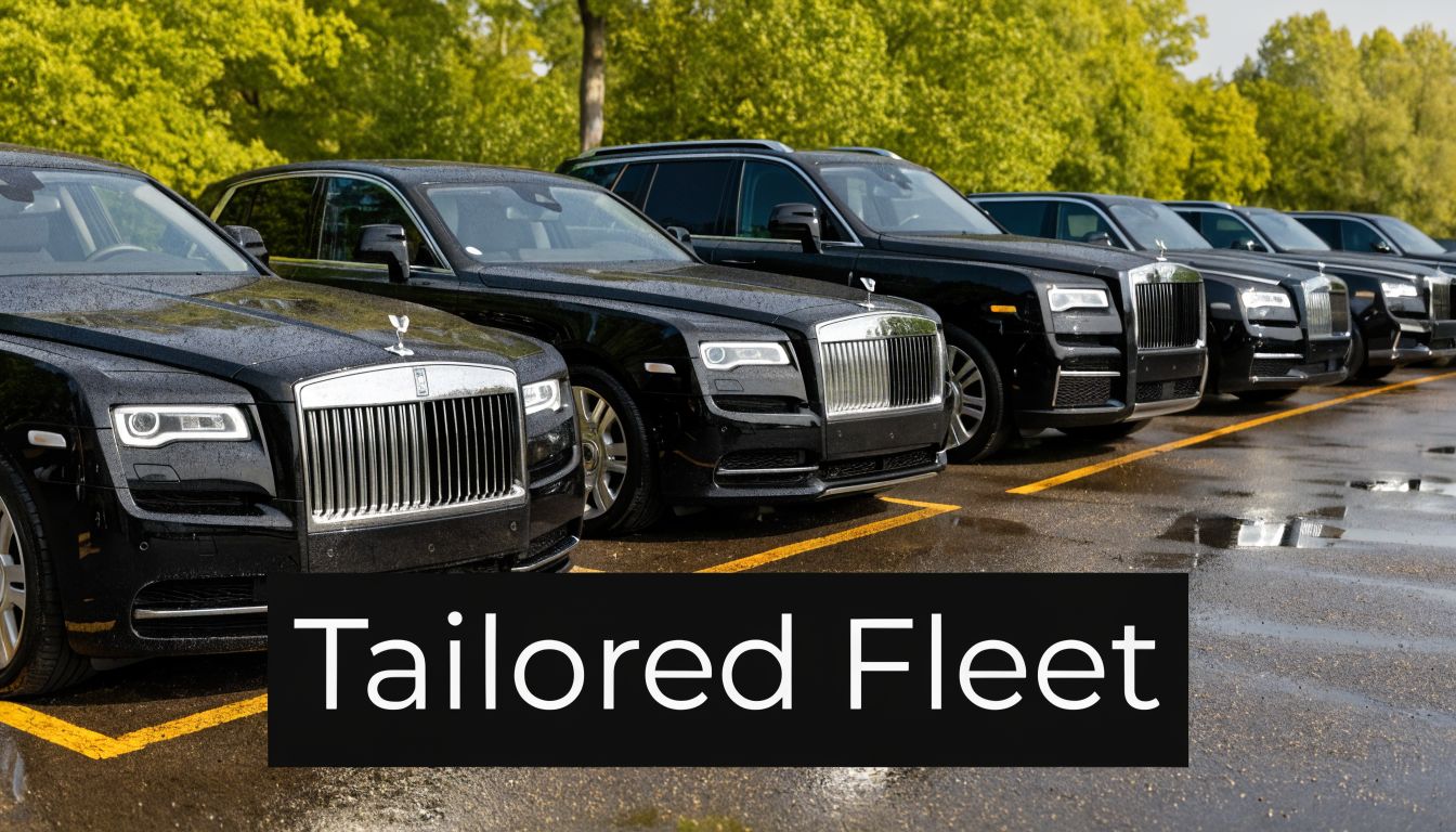 A row of sleek, black luxury Rolls-Royce SUVs parked in an outdoor lot under bright daylight.