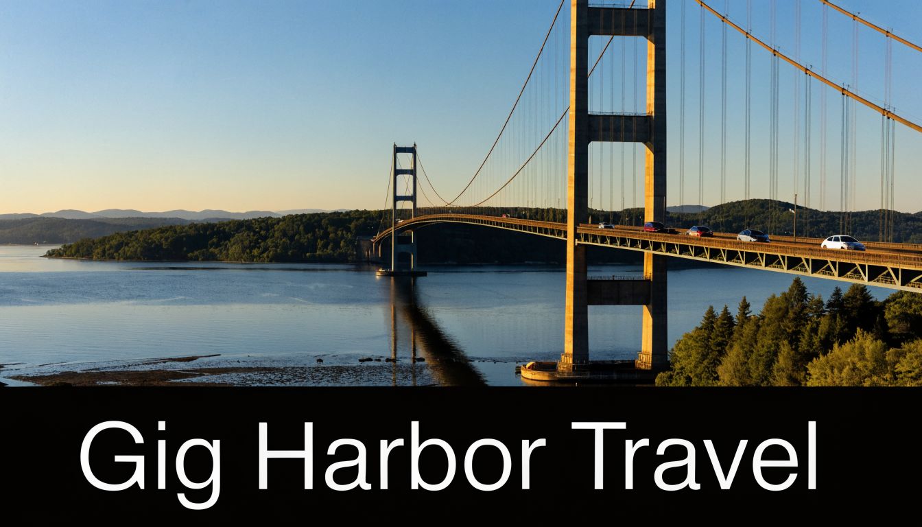 A scenic view of a large suspension bridge spanning over the calm water in Gig Harbor.