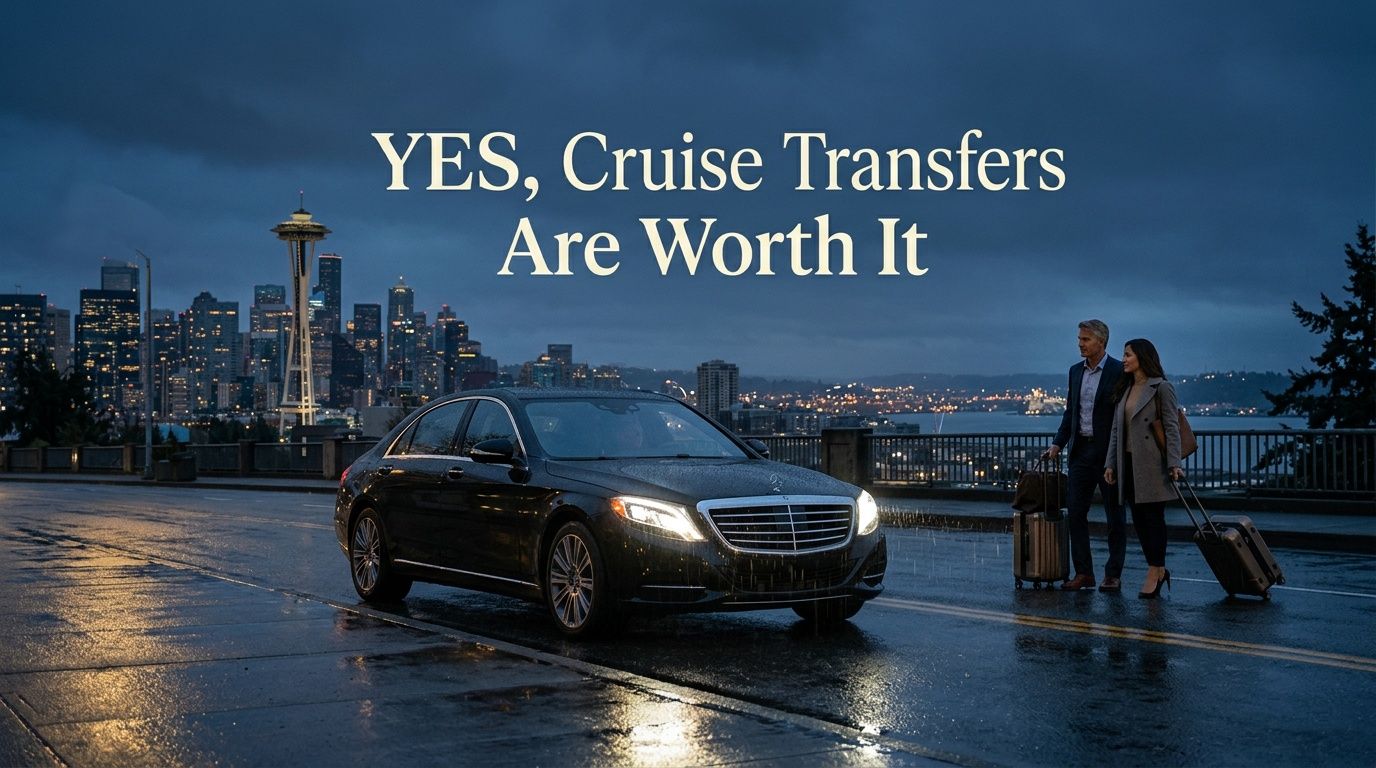 A couple standing with luggage next to a luxury car with the Seattle skyline in the background.