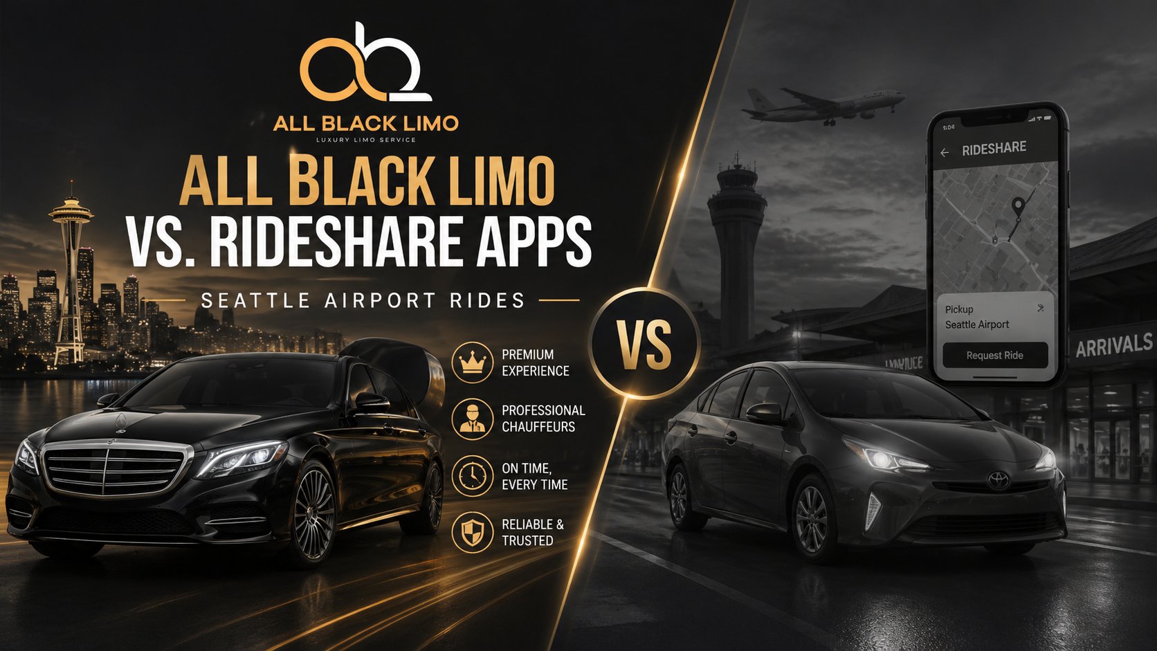 A comparison of All Black Limo luxury car services versus standard rideshare apps for Seattle airport transportation.