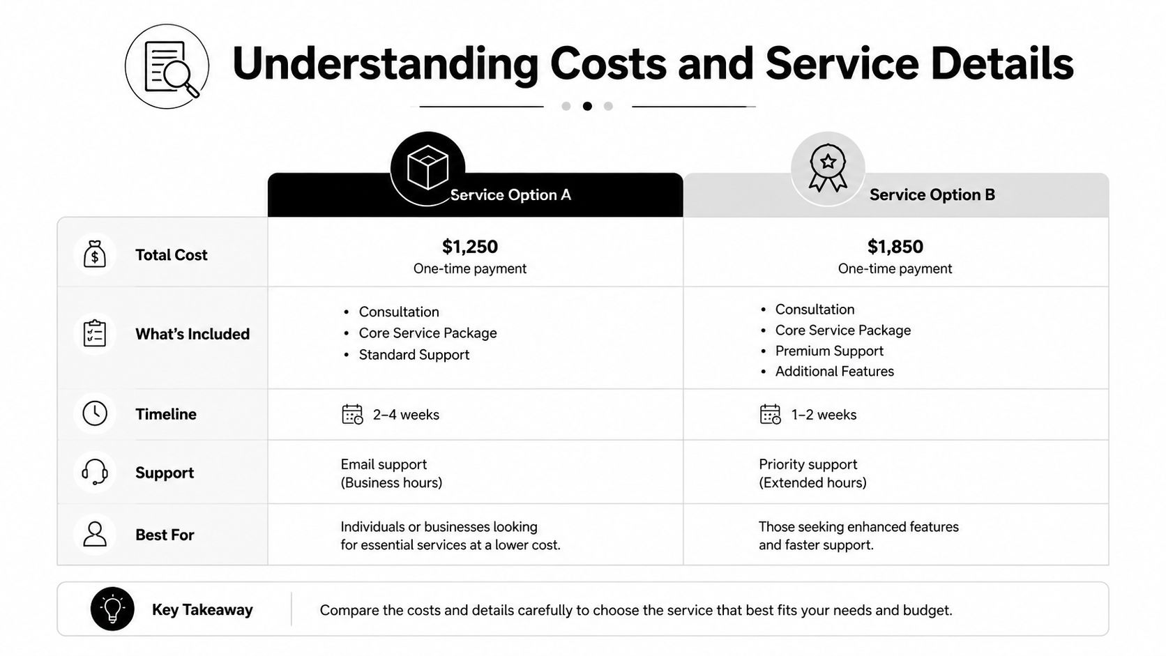 A comparison table outlining the costs, timeline, and features of Service Option A and Service Option B.