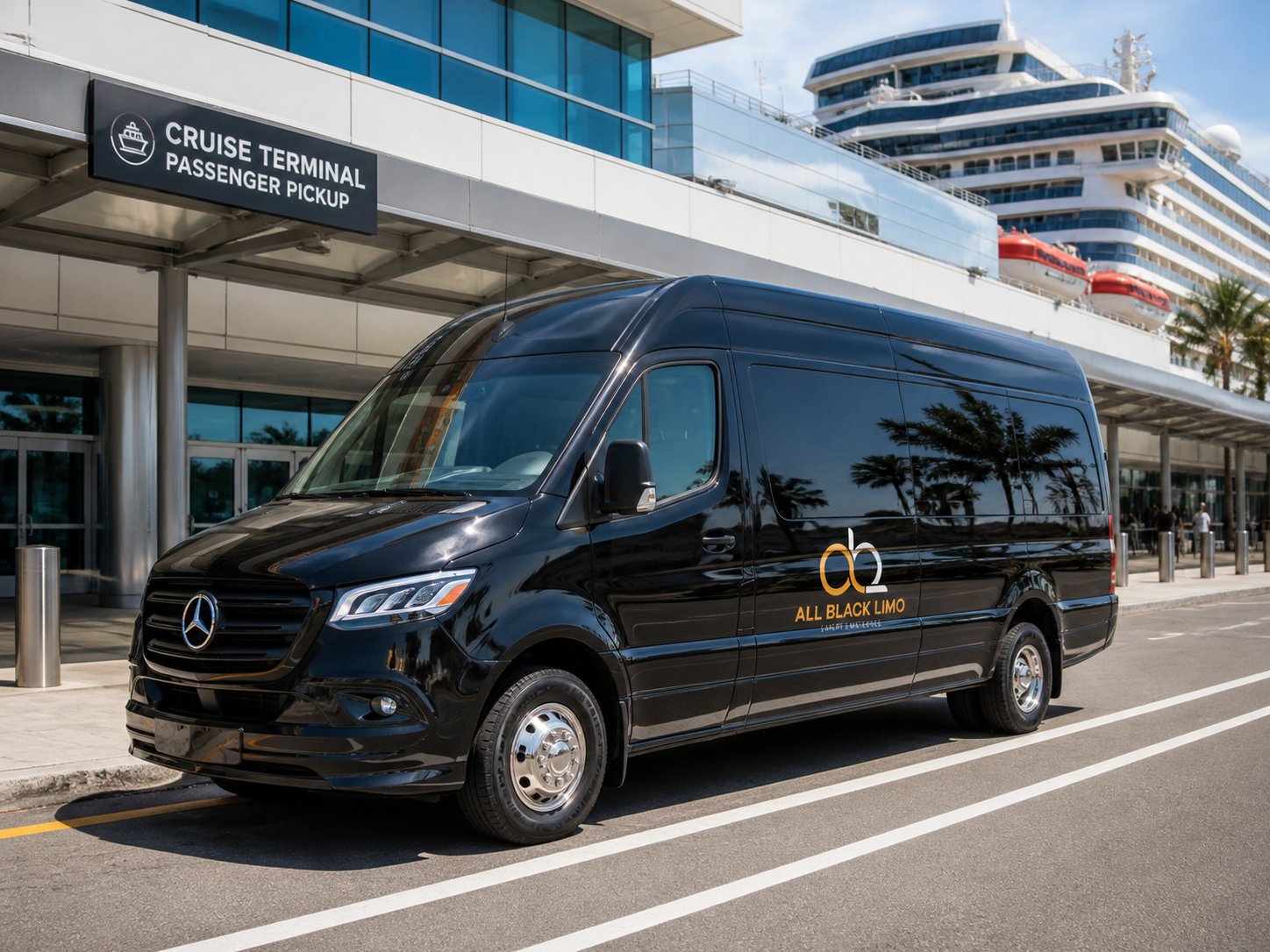 A sleek black Mercedes-Benz Sprinter van parked at a cruise terminal for passenger pickup.