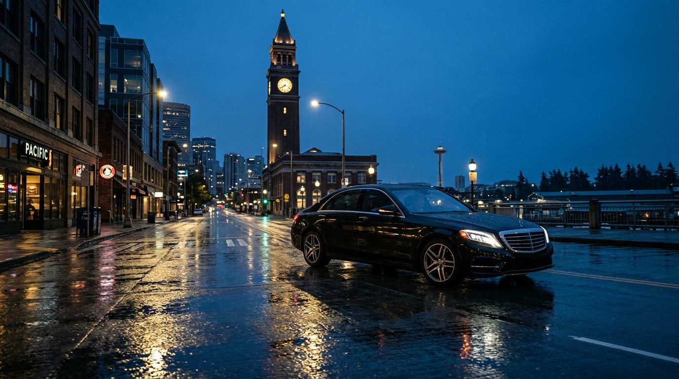 A black Mercedes luxury sedan driving down a wet, reflective city street at night in Seattle.