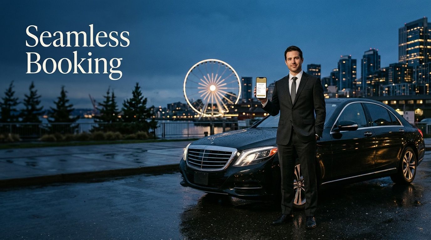 A professional chauffeur in a suit holding a phone standing beside a black luxury car in Seattle.