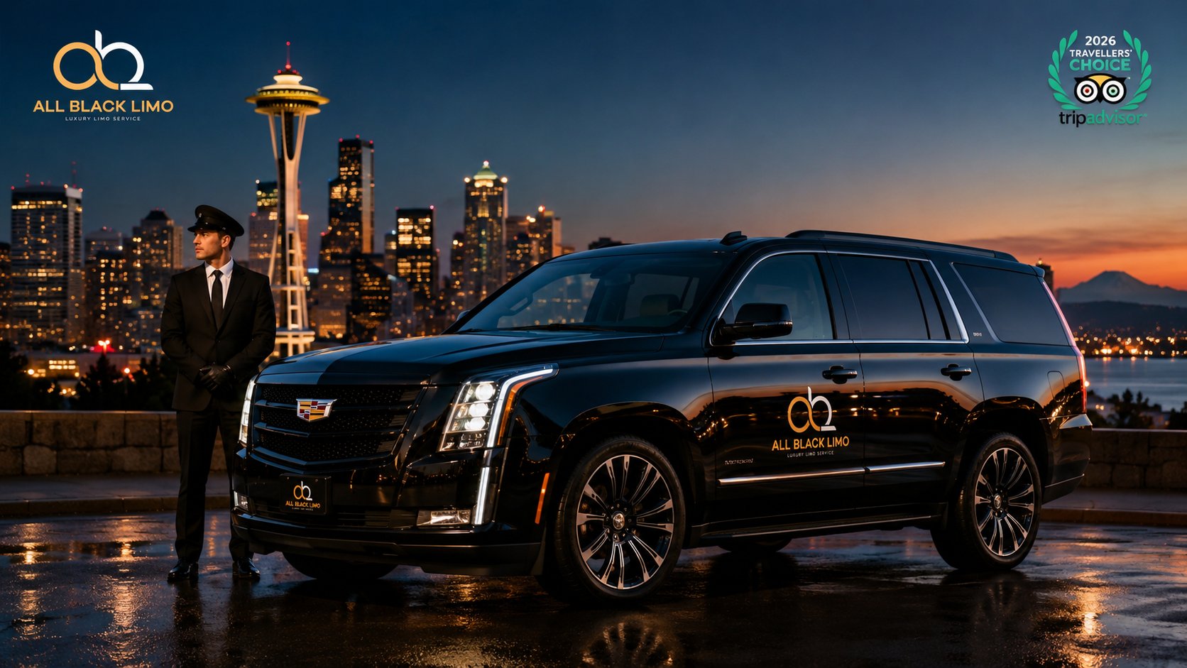 A chauffeur stands by a black luxury SUV with the Seattle skyline and Space Needle at dusk.