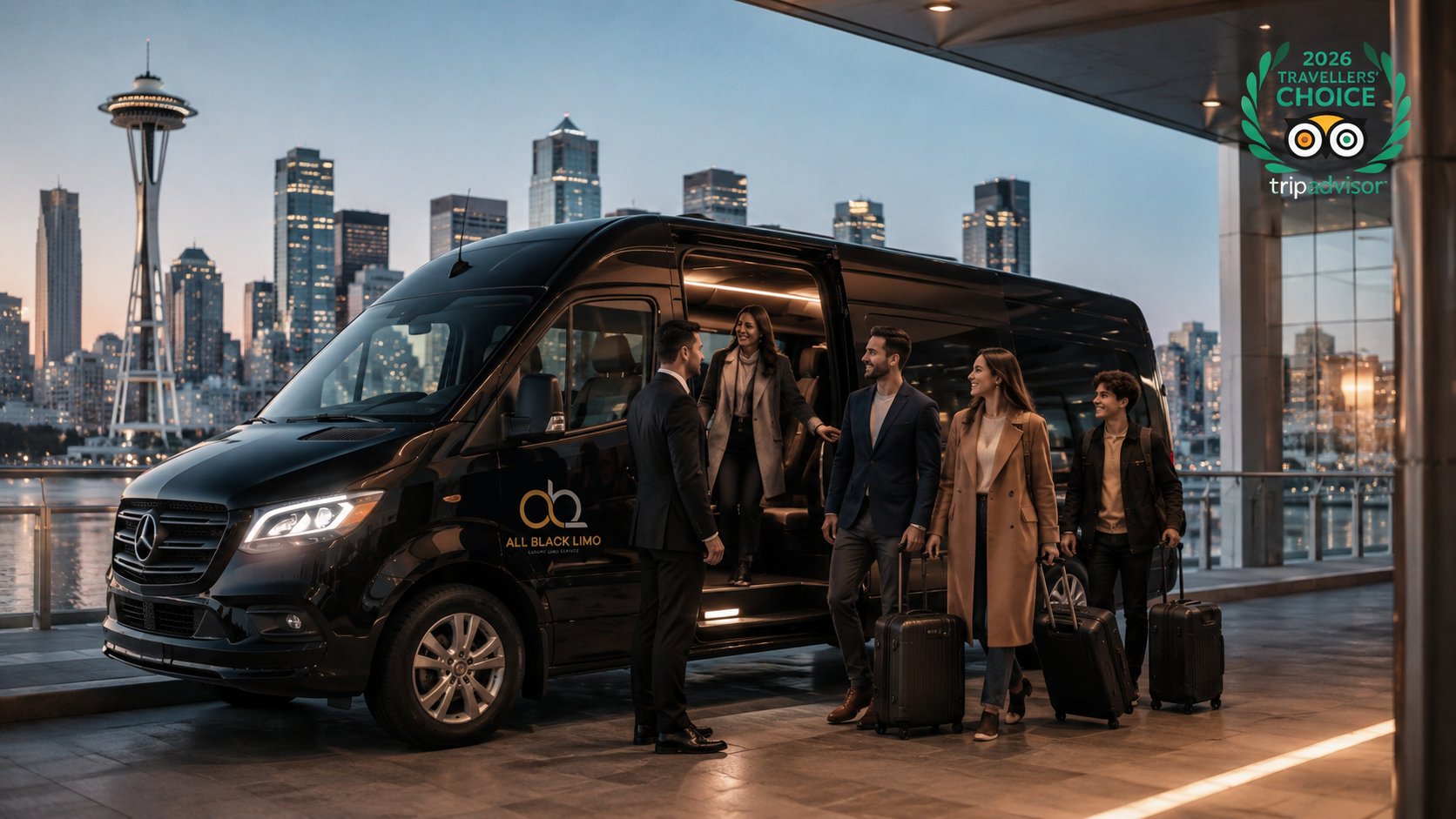 A black luxury limo van at dusk in Seattle, passengers exiting, driver awaiting, with Space Needle visible.
