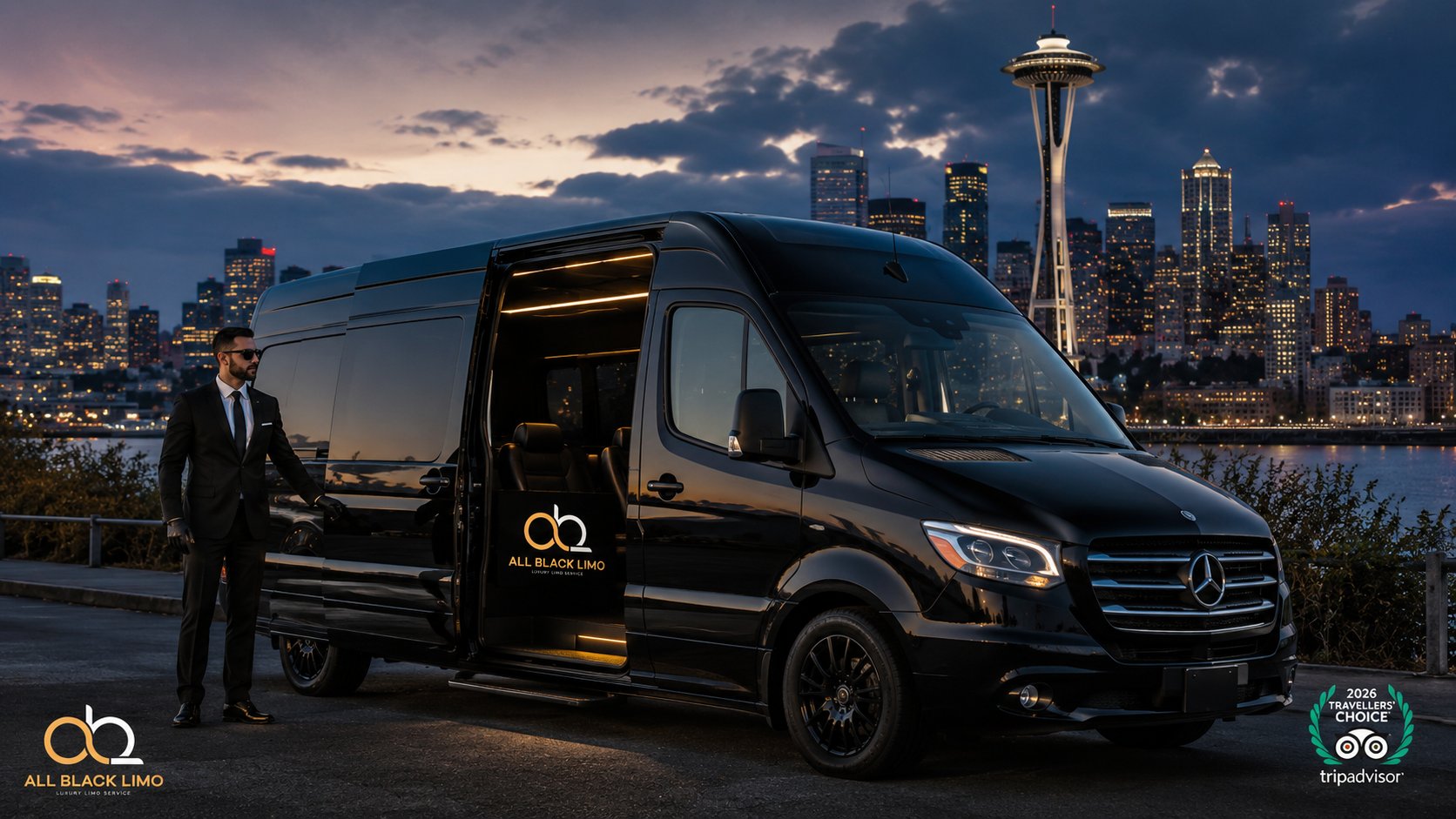 A black luxury limo van with an open door and a chauffeur standing by it, against the Seattle skyline at dusk.