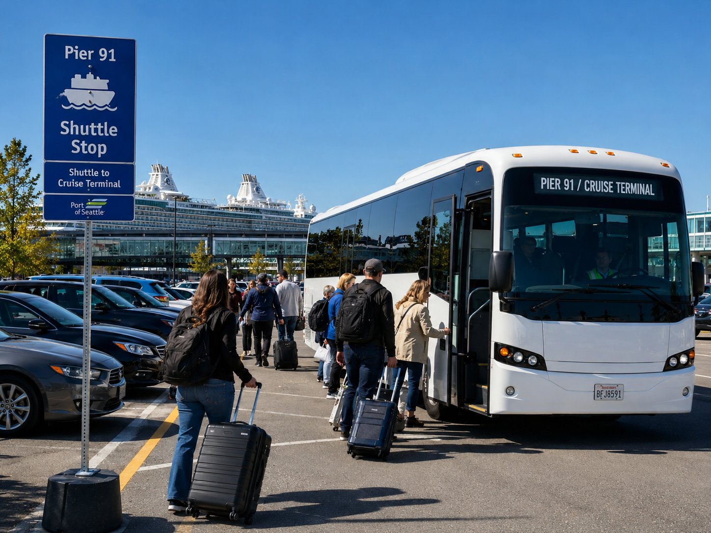 People with luggage board a white shuttle bus at Pier 91, heading to the cruise terminal.