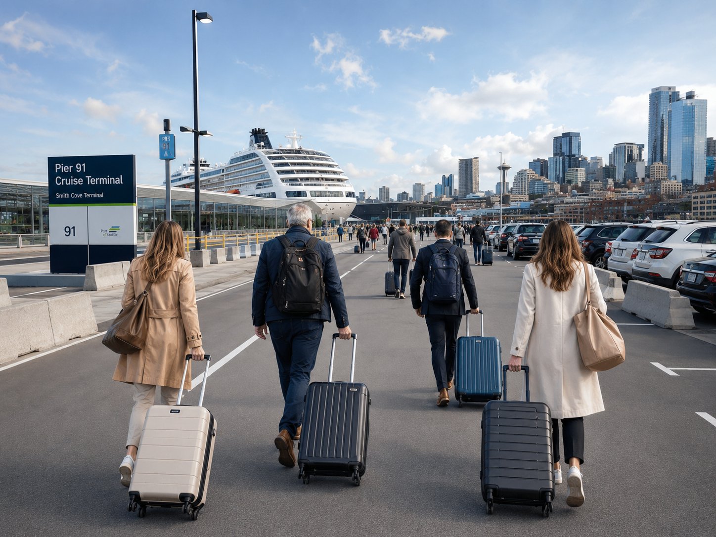 People with luggage walking towards Pier 91 Cruise Terminal, with a large cruise ship and city skyline.