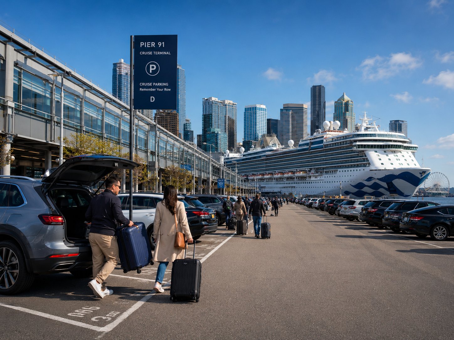 Travelers with luggage at Pier 91 cruise terminal with a large ship and city skyline.