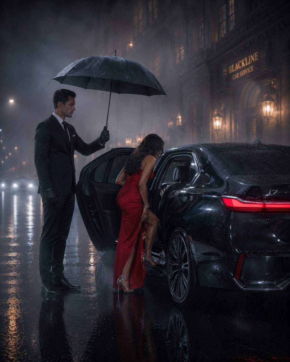 A man in a suit holds an umbrella for a woman in a red dress getting into a luxury car on a rainy night.
