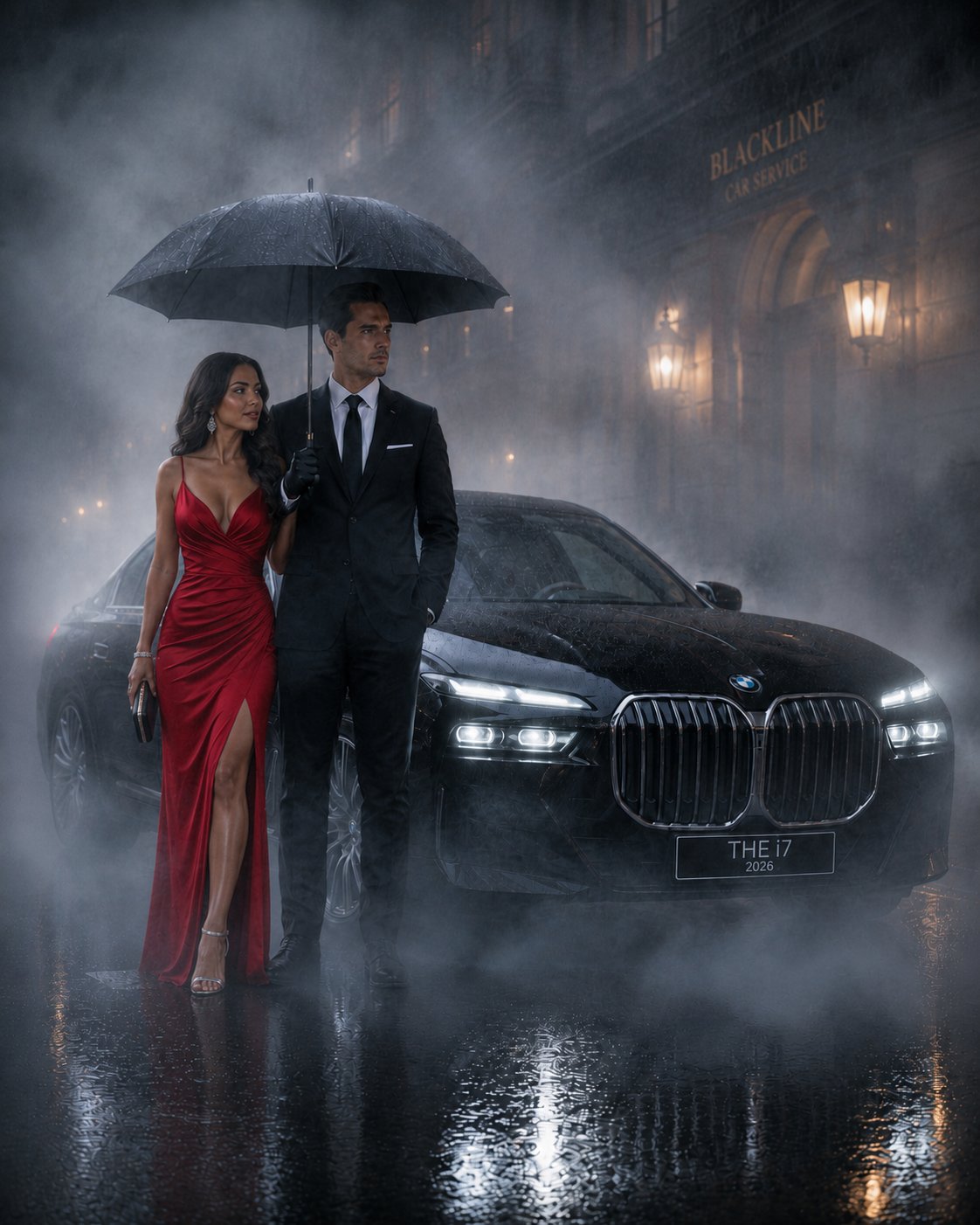 Elegant couple under an umbrella in the rain beside a black luxury car at night.